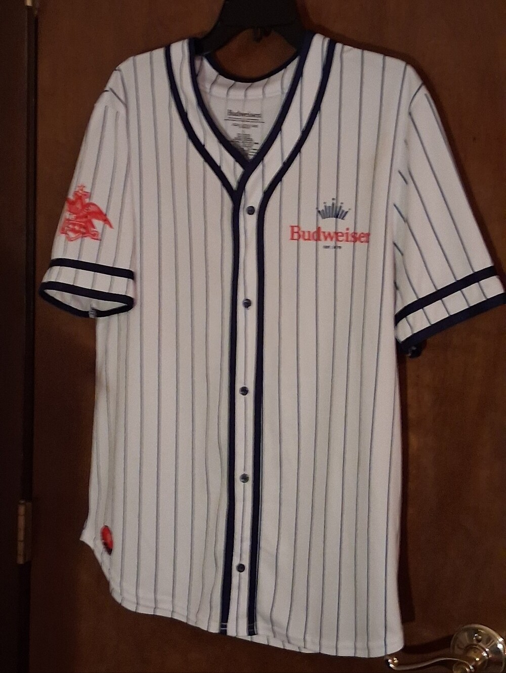Budweiser Baseball Jersey Mens Large White Pinstripe Button Front #76 Beer Logo
